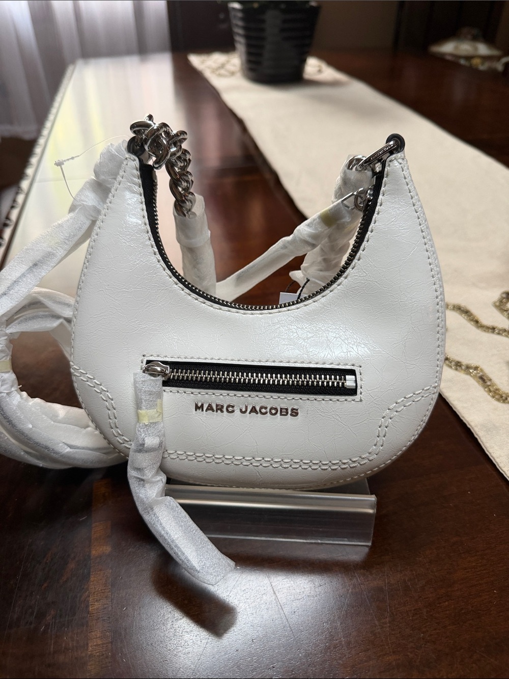 Marc Jacobs White Crescent Mini Shoulder Bag with Chain Detail